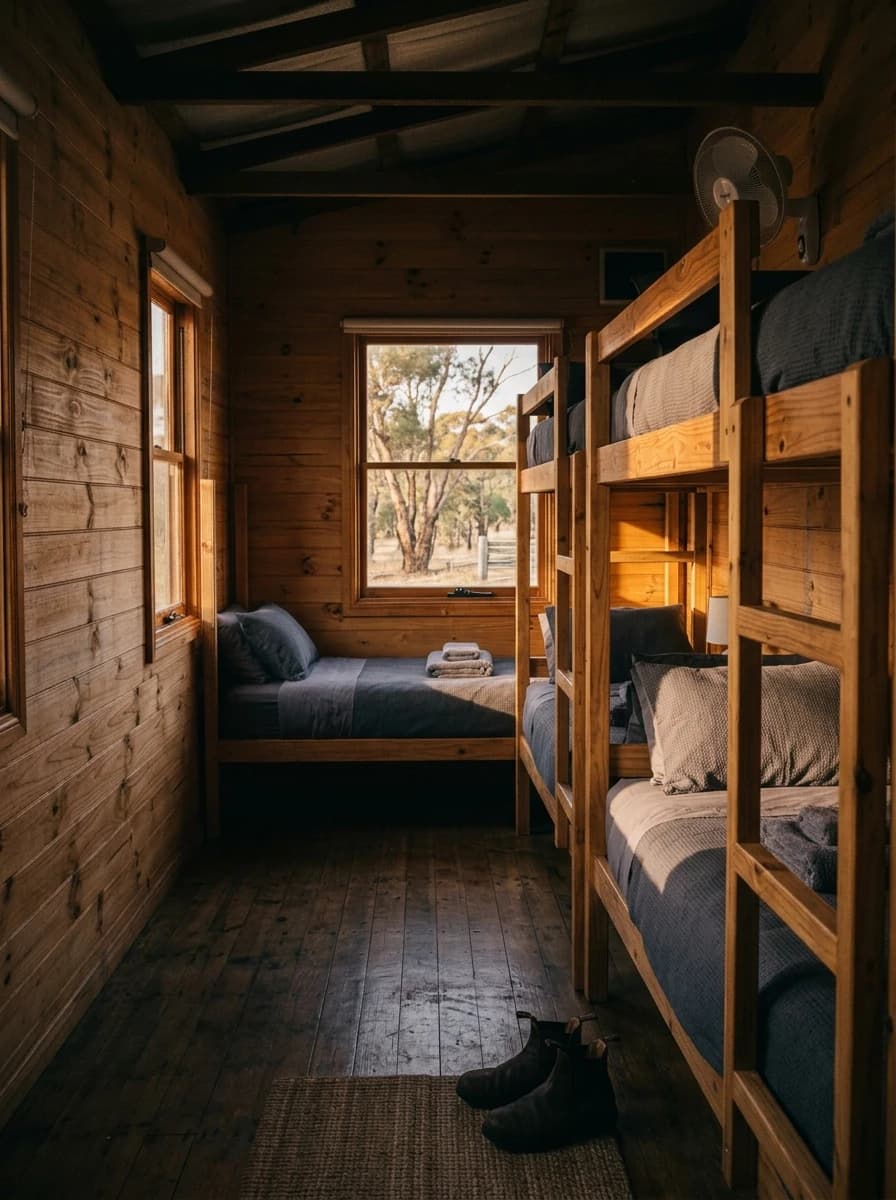 Timber bunk room made up with beds, fan and a window onto the bush at EMX Riders