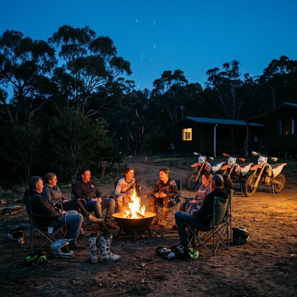 Riders and family around the fire pit at dusk, bikes parked up and cabins behind, at EMX Riders