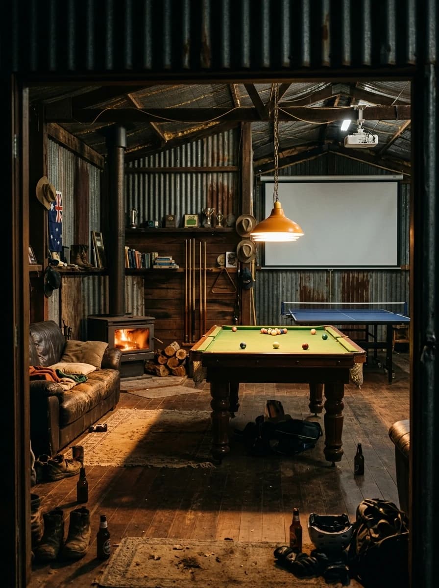 Man cave shed with pool table, table tennis, projector screen and a fire going at EMX Riders