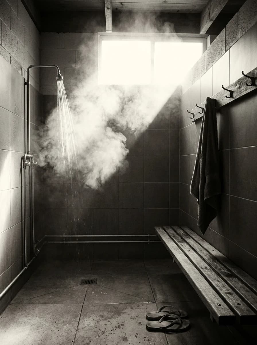 Steam rising in the hot shower block at EMX Riders